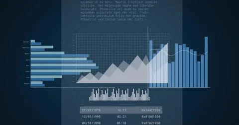 Image of data processing and diagrams over black background Stockillustratie