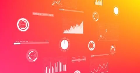 Image of data processing and diagrams on red background 스톡 일러스트