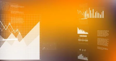 Image of data processing and diagrams on orange background イラスト素材