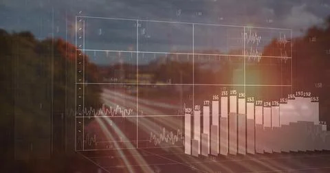 Image of data processing and diagrams over cityscape 스톡 일러스트