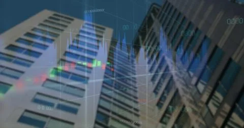 Image of data processing and diagrams over cityscape 库存插图