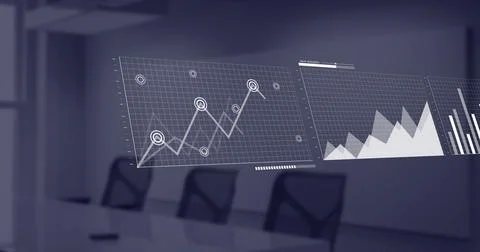 Image of data processing and diagrams over empty office Illustrazione stock