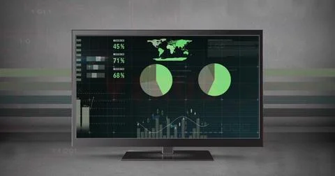 Image of data processing and diagrams over computer screen Stock Illustration