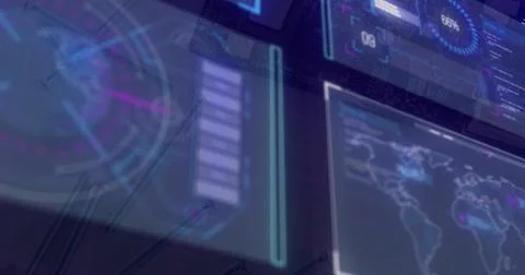 Image of data processing and diagrams over dark background Stockillustratie