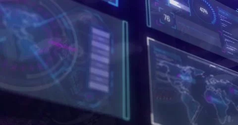 Image of data processing and diagrams over blue background Illustrazione stock