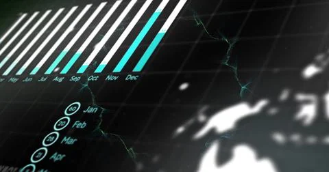 Image of data processing and diagrams on black background Stockillustratie