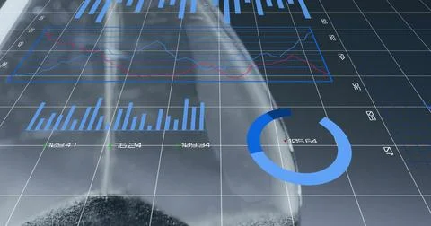 Image of data processing and diagrams over hourglass Illustrazione stock