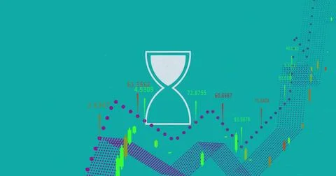 Image of data processing and diagrams over hourglass イラスト素材