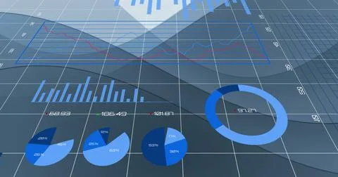Image of data processing and diagrams over gray shapes 스톡 일러스트