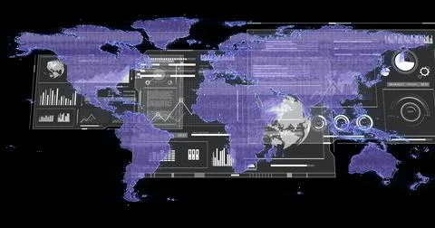 Image of data processing and diagrams over world map Stock Illustration