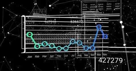 Image of data processing and diagrams on black background Stockillustratie