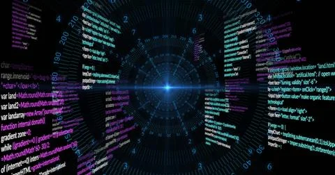 Image of data processing and diagrams on black background Stock Illustration