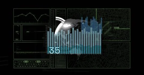 Image of data processing and diagrams with globe on black background Stock Illustration