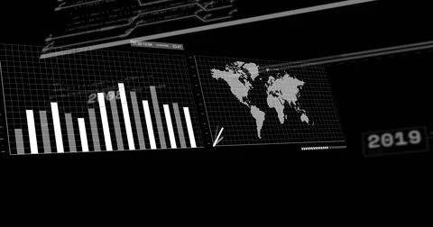 Image of data processing and diagrams on black background Stock Illustration