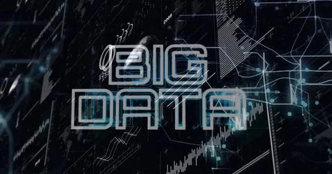 Image of data processing and diagrams with globe over big data text on black Illustrazione stock