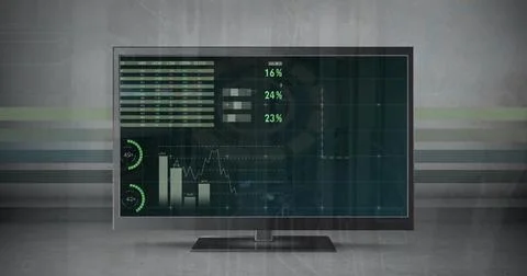 Image of data processing and diagrams over computer screen with copy space Illustrazione stock