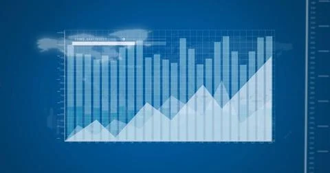 Image of data processing and diagrams over blue background Stockillustratie