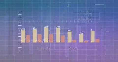 Image of data processing and diagrams over purple background 스톡 일러스트