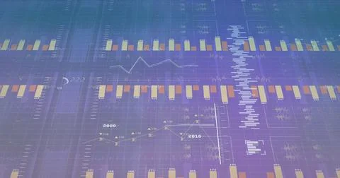 Image of data processing and diagrams over purple background Stock Illustration