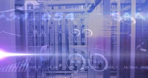 Image of data processing and diagrams over server room Stock Photos