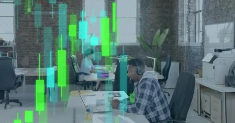 Image of data processing and diagrams over diverse colleagues working in office Stock Photos