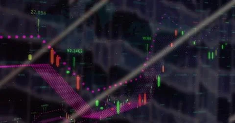 Image of data processing and diagrams on black background 스톡 사진