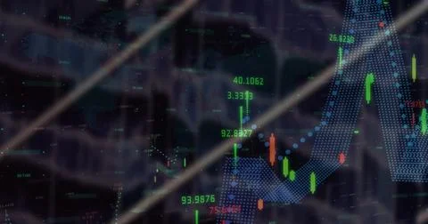 Image of data processing and diagrams on black background Foto stock