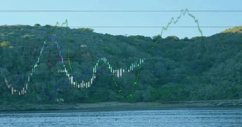 Image of data processing and diagrams over landscape 写真素材