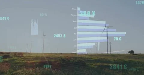 Image of data processing and diagrams over wind turbines on field Foto stock