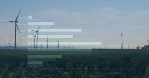 Image of data processing and diagrams over wind turbines on field Stock Photos
