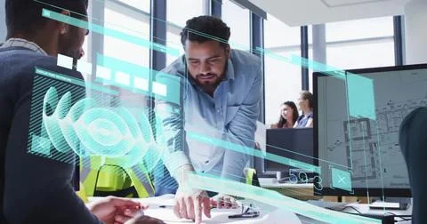 Image of data processing and diagrams over diverse business people talking in Stock Photos