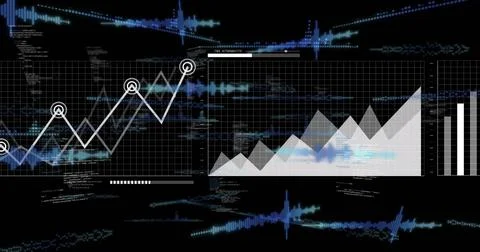 Image of data processing and diagrams on black background 스톡 사진