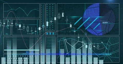 Image of data processing and diagrams over black background Foto stock