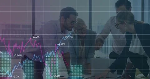 Image of data processing and diagrams over diverse business people discussing Foto stock