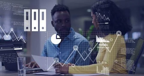 Image of data processing and diagrams over diverse colleagues discussing work Stock Photos