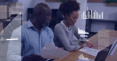 Image of data processing and diagrams over diverse colleagues discussing work Stock Photos