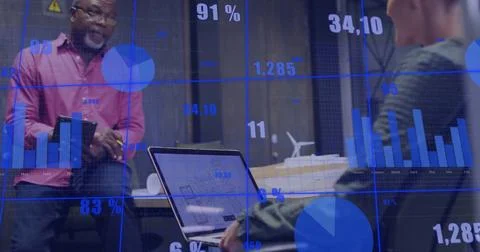 Image of data processing and diagrams over diverse colleagues discussing work Stock Photos