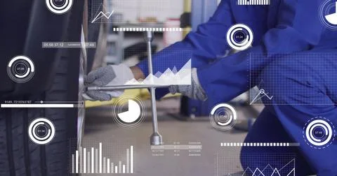 Image of data processing and diagrams over caucasian male mechanic working in Stockfoto's