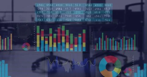 Image of data processing and diagrams over office Foto stock