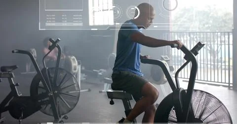 Image of data processing and diagrams over biracial man exercising with Stock Photos