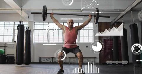 Image of data processing and diagrams over caucasian man lifting weight bar at Stockfoto's