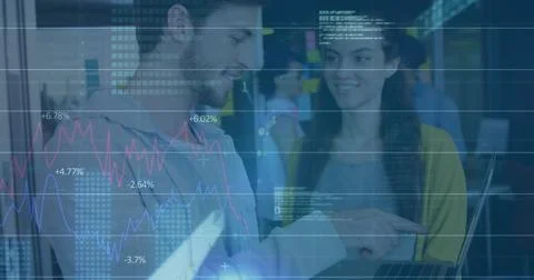 Image of data processing and diagrams over diverse business people discussing Stockfoto's
