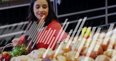 Image of data processing and diagrams over caucasian woman picking vegetables in 스톡 사진