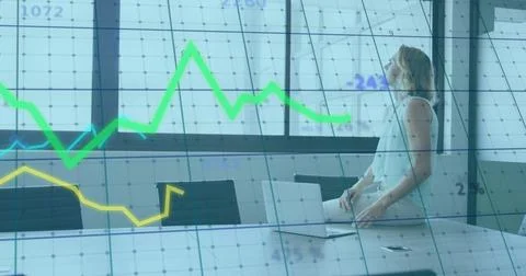 Image of data processing and diagrams over caucasian businesswoman thinking Stock Photos