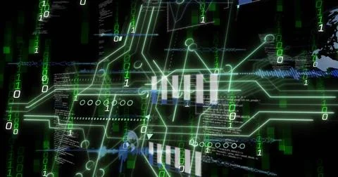 Image of data processing and diagrams over binary coding Stock Photos