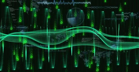 Image of data processing and diagrams over binary coding Stock Photos
