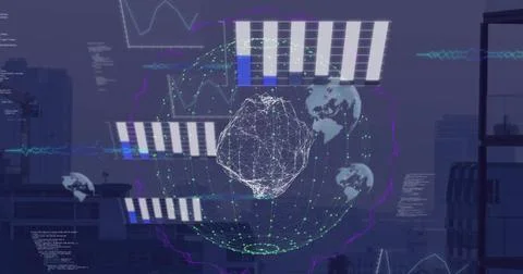 Image of data processing and diagrams over globe and cityscape Stock Photos