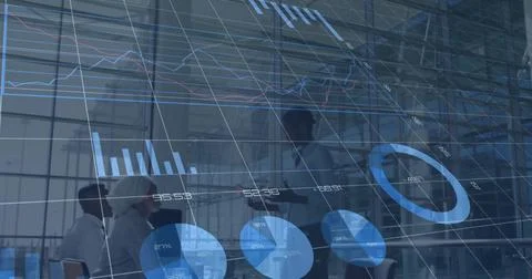 Image of data processing and diagrams over diverse business people discussing Foto stock