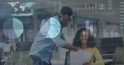 Image of data processing and diagrams over diverse colleagues discussing work in 写真素材