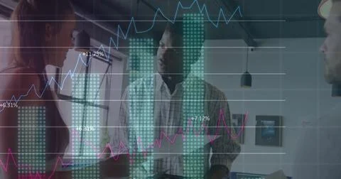 Image of data processing and diagrams over diverse colleagues discussing work in Stockfoto's